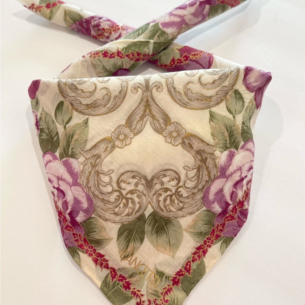 LANCETTI Vintage Handkerchief Cotton Pink Rose Floral Pocket Square Scarf  20”